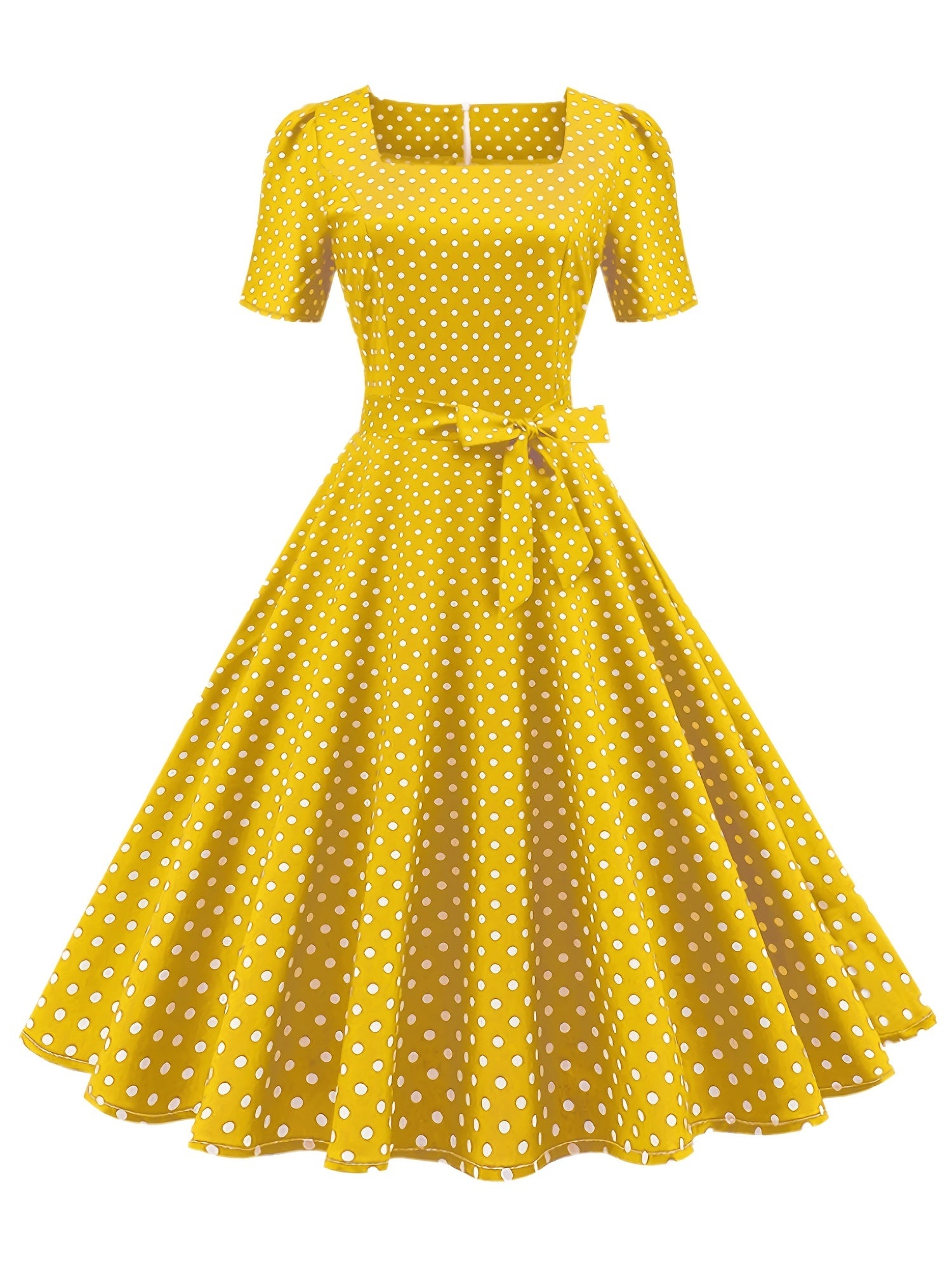 Polka Dot Bow Front Dress Vintage Square Neck Short Sleeve