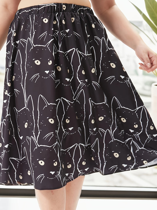  Allover Cat Print A Line Skirt, Elastic High Rise Knee Length