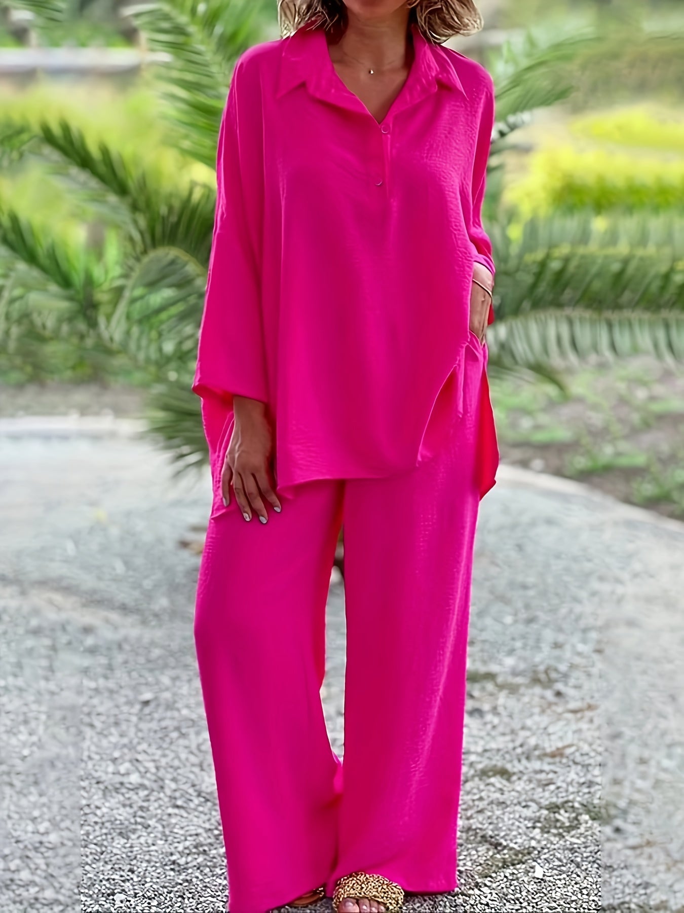 Women's Plus Size Long Sleeve Blouse & Wide Leg Pants 2 Piece Set