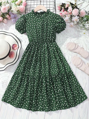Big Girls Floral Polka Dot Casual Dress Frill Collar Short Sleejson