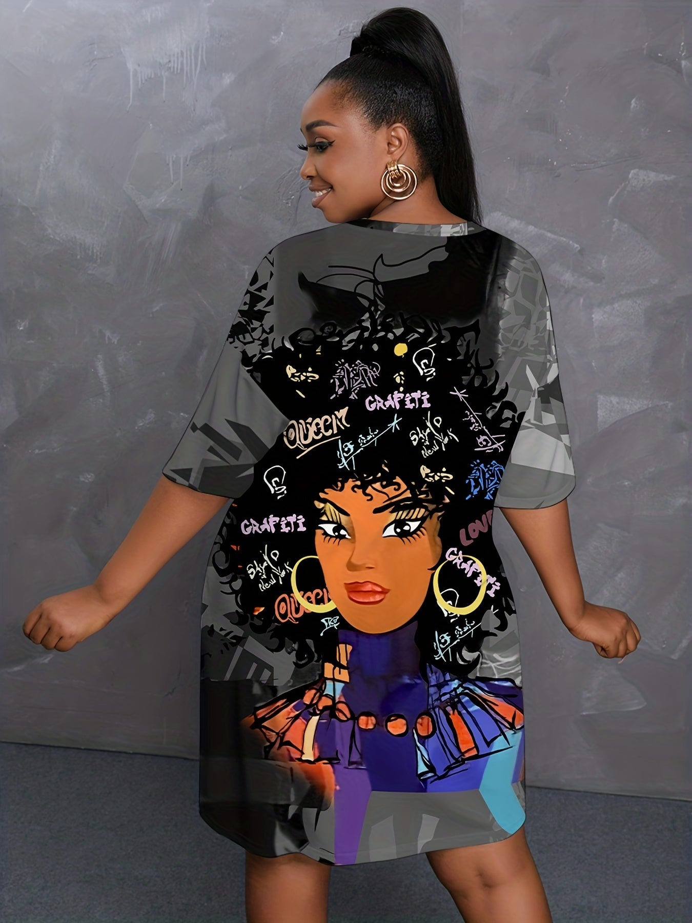 Letter & Girls Print T shirt Dress Crew Neck Short Sleeve Mini Dress