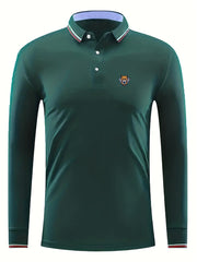 Men's Leopard Head Print Long Sleeve Polo Shirt Casual Slightly Stretch
