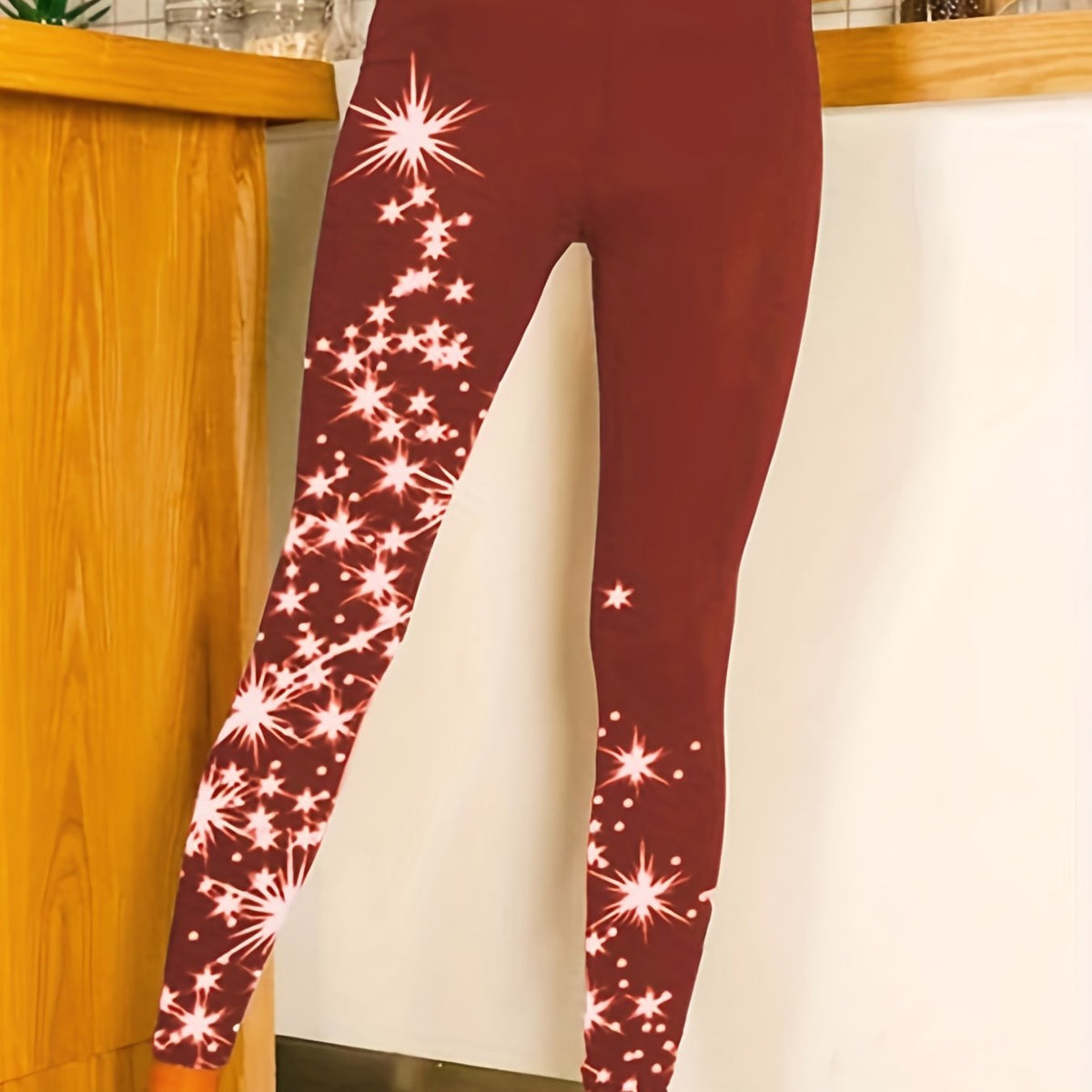 Glitter Stars Print Leggings High Waist Skinny Long Length