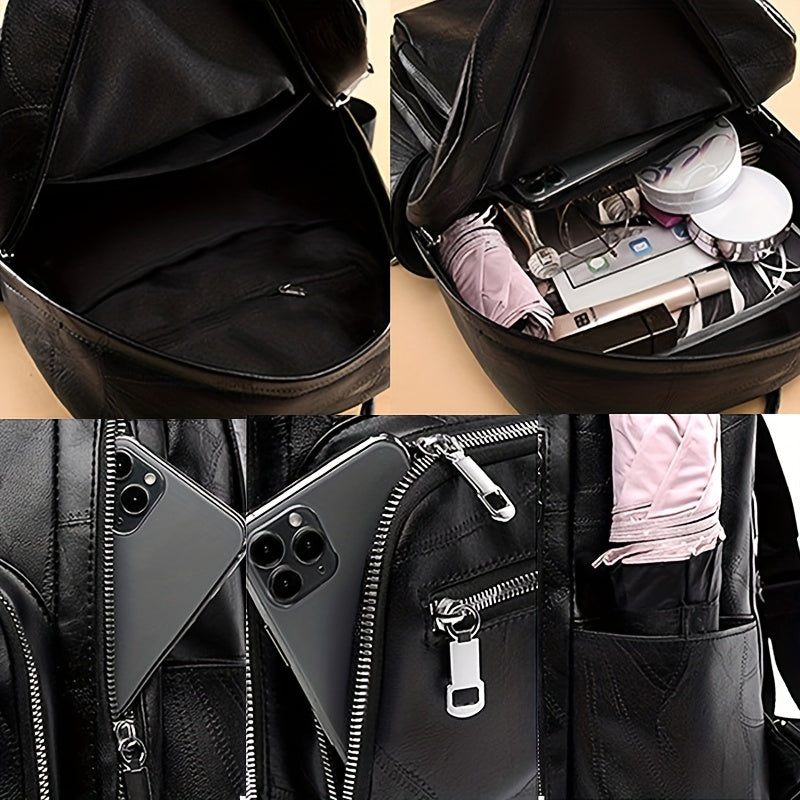 Embossed Backpack Zipper Large Capacity Knapsack Soft Faux Leather