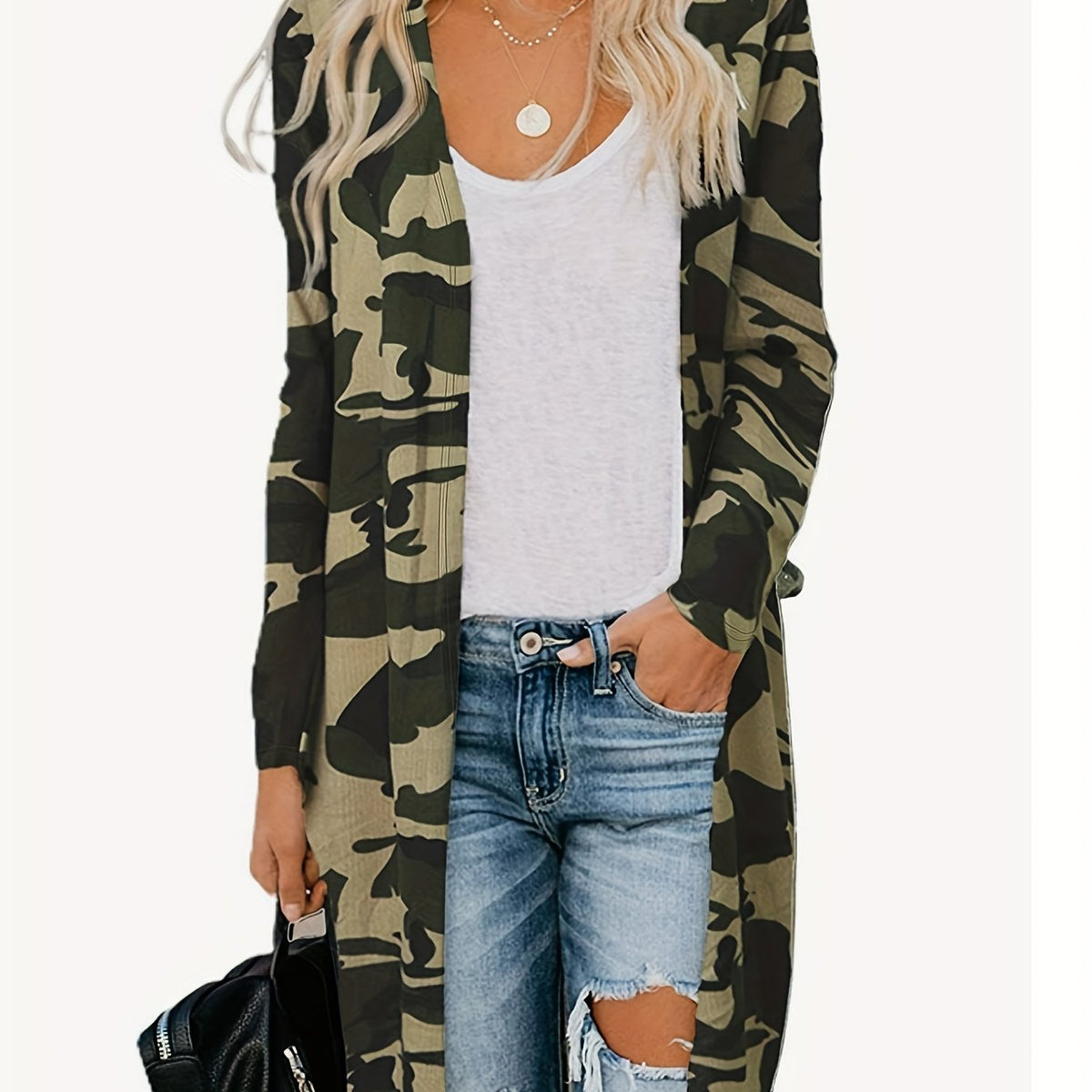  Casual Camo Print Cardigan Long Sleeve Open Front