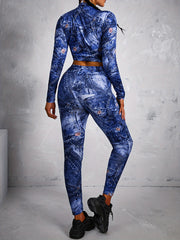 Denim Print Mock Neck Top & Leggings Set