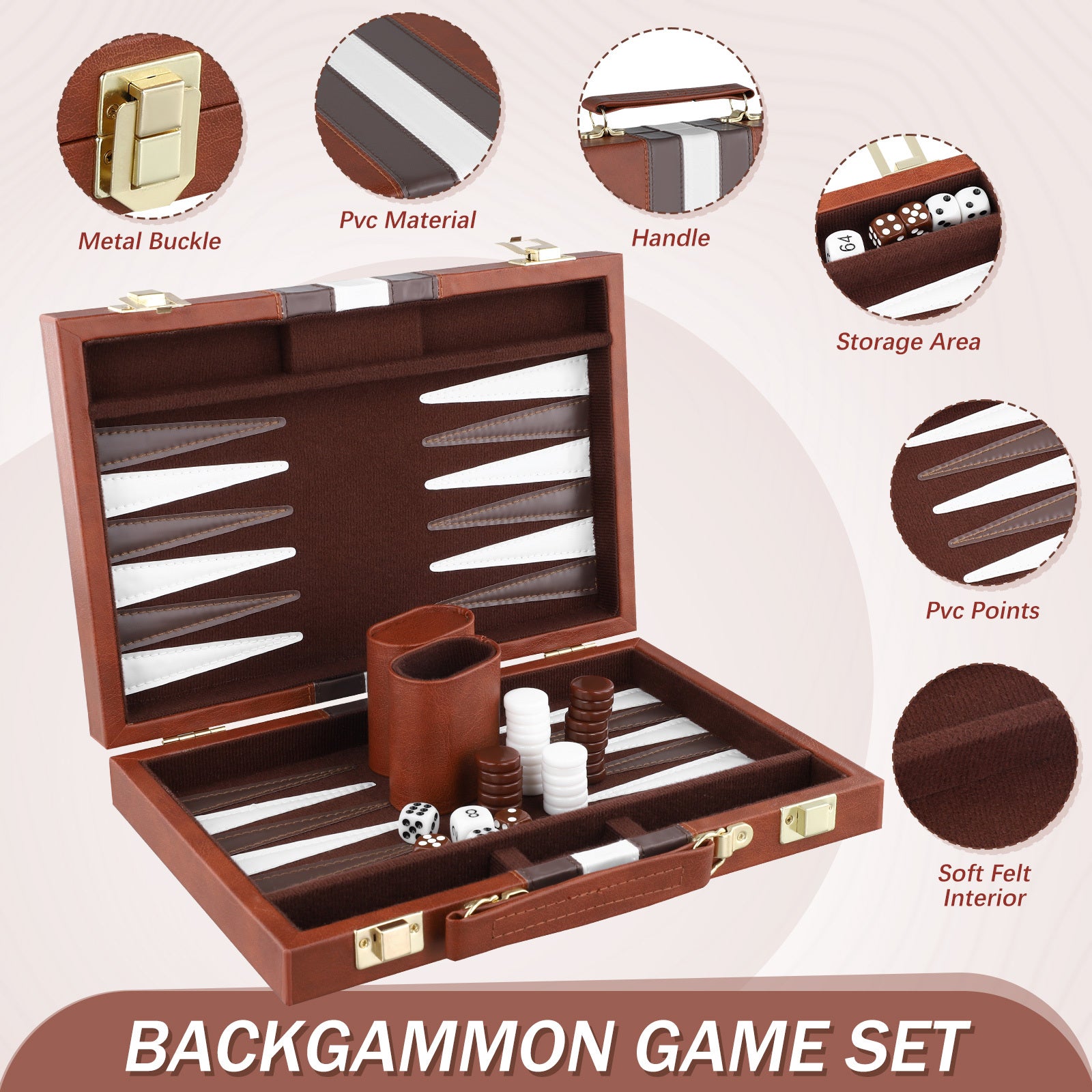 Backgammon Set 2 players Classic with Leather Case Brow