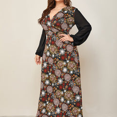  Mesh Floral Print Long Sleeve Maxi Dress Women's Boho Long Dress