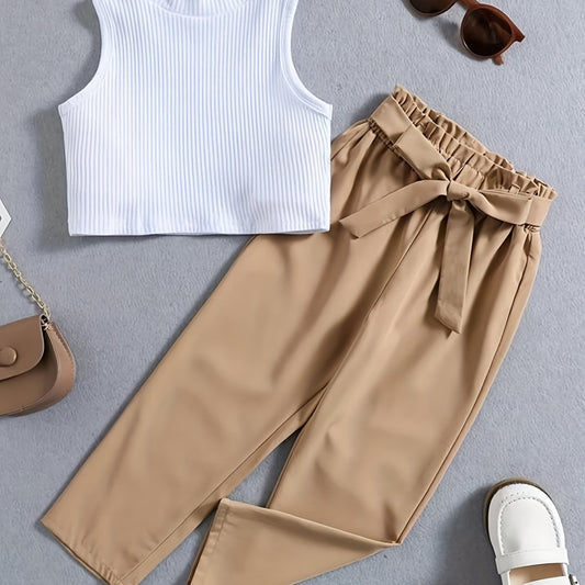 Girl's Ribbed Tank Top & Belted Pants Set for Summer