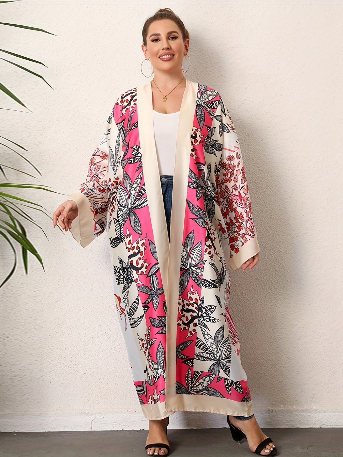  Boho Kimono Women's Plus Painting Print Long Sleeve Open Front