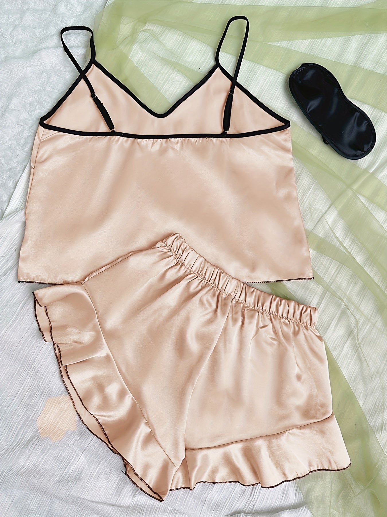 Satin Pajama Set V Neck Cami Top & Ruffle Shorts Sleepwear