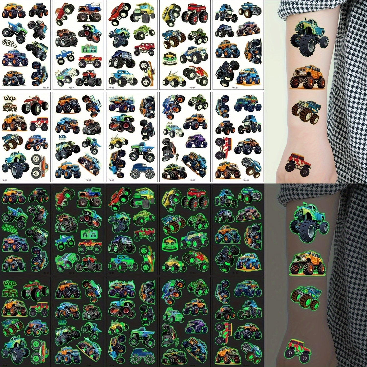 10 Pack Glow in the Dark Monster Truck Temporary Tattoos