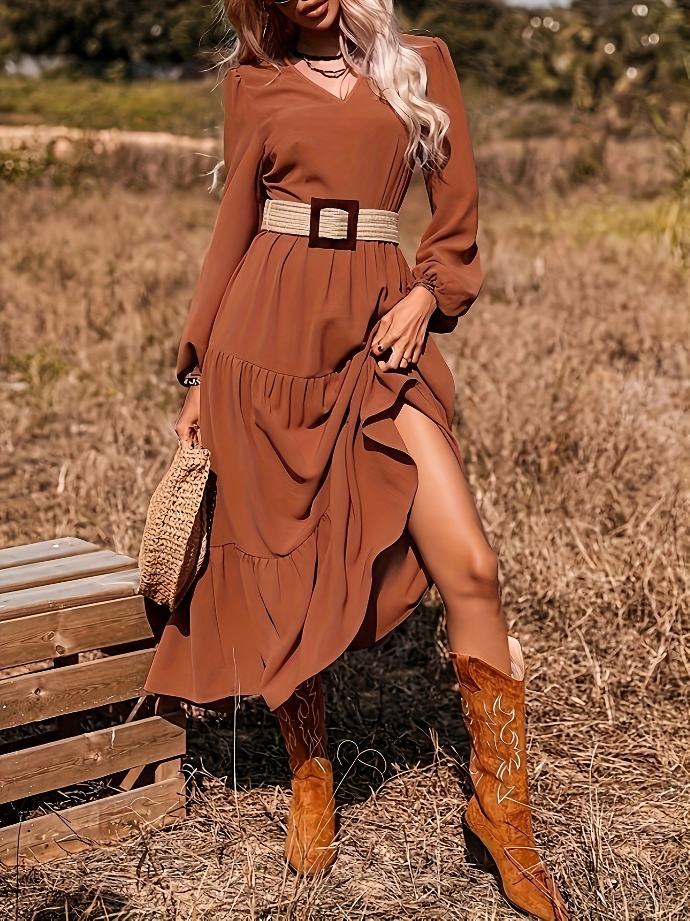 Women's Plus Lantern Sleeve Maxi Smock Dress