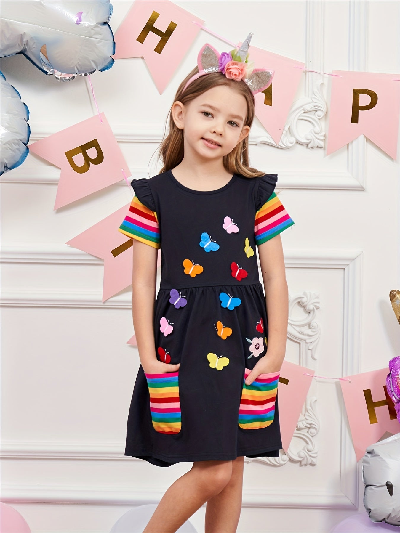 Girls Ruffles Butterfly Embroidery Rainbow Cotton Dress