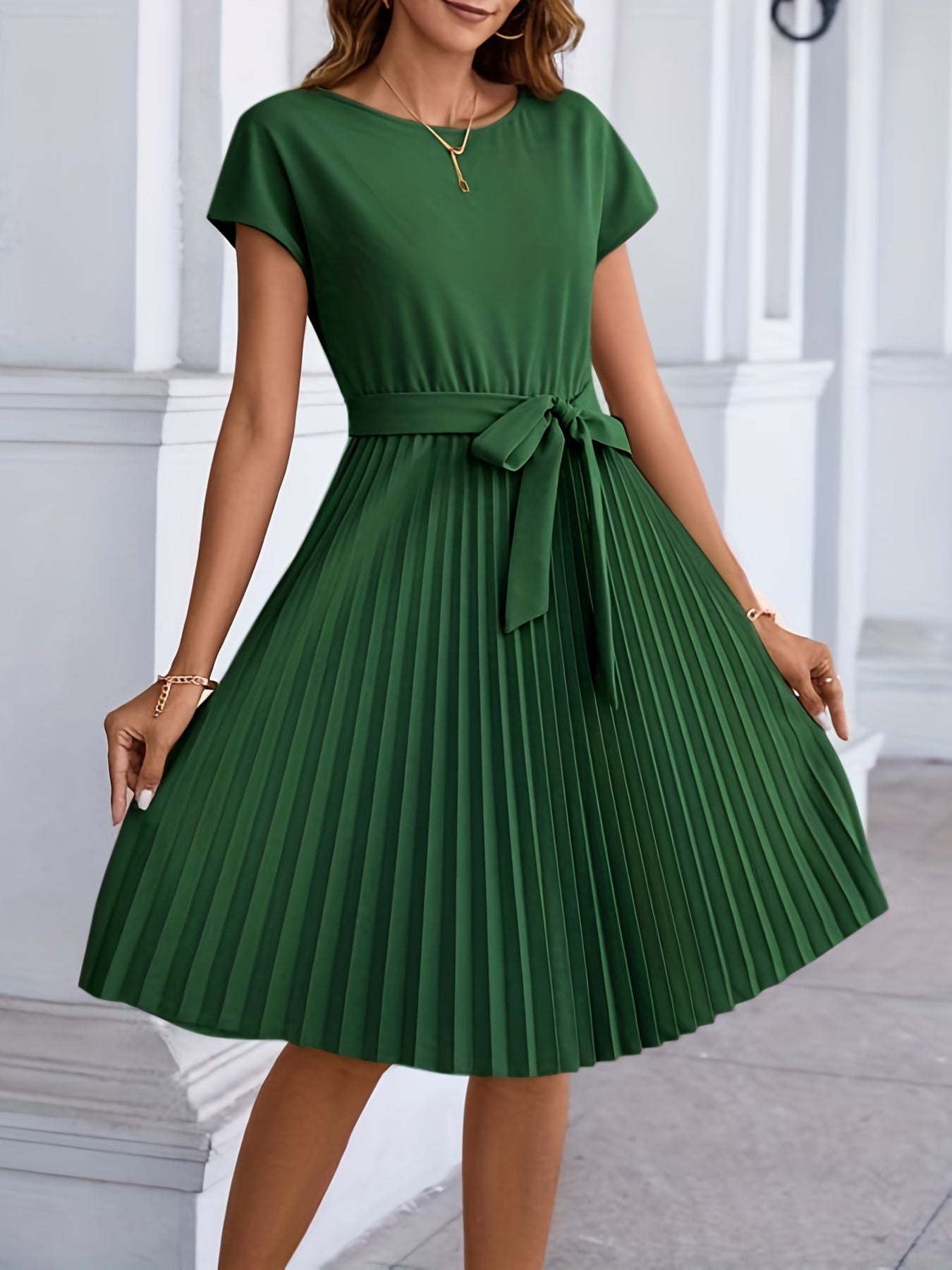 Pleated Tie Front Dress Short Sleeve Casual Solid Dress