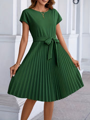 Pleated Tie Front Dress Short Sleeve Casual Solid Dress