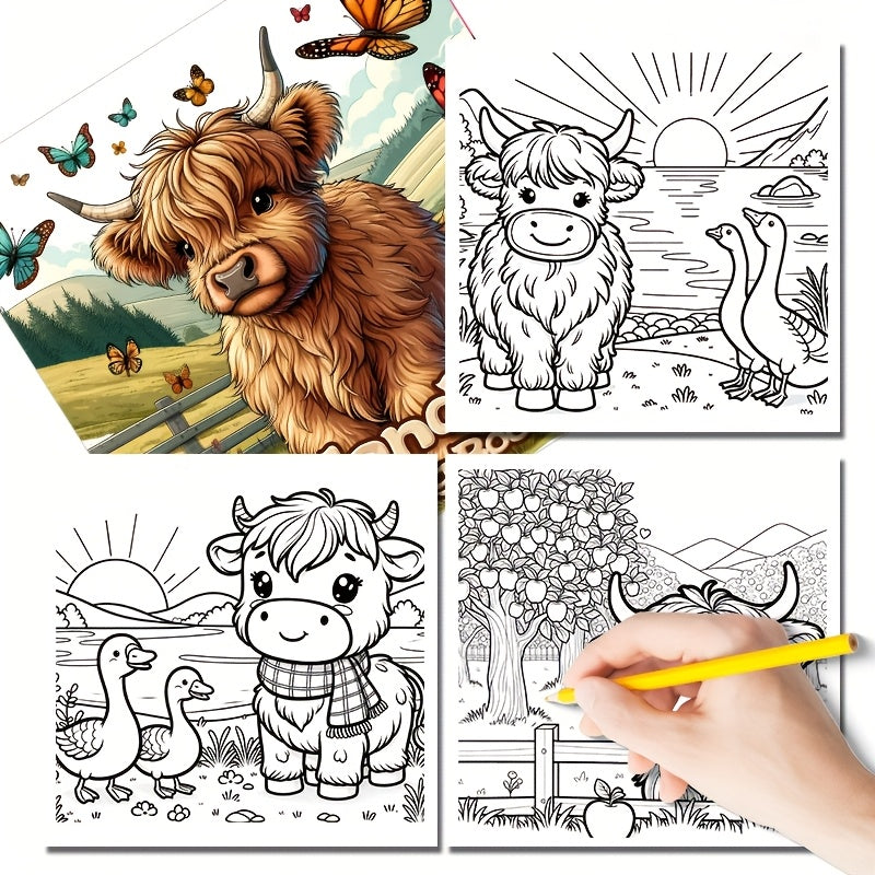 Highland Cow Coloring Book: 24 Single Sided Designs on Thick Smooth Paper