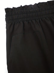  Solid Ruffle Trim High Rise Wide Leg Trousers