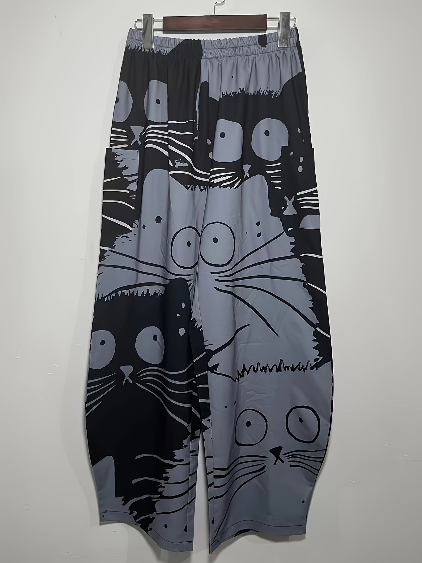  Funny Cat Print Wide Leg Pants with Pockets