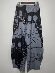  Funny Cat Print Wide Leg Pants with Pockets