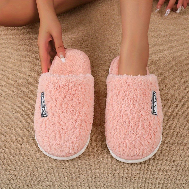 Women's Plush Flat Slippers Solid Warm Fuzzy Shoes Cozy Indoor Bedroom