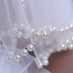 Short Bridal Veil Faux Pearl Trim Sheer Nylon Wedding Accessory