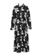  Floral Print Long Sleeve Shirt Dress With Belt