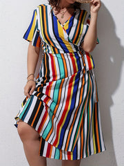 Colorful Stripe Print Short Sleeve Dress With Belt