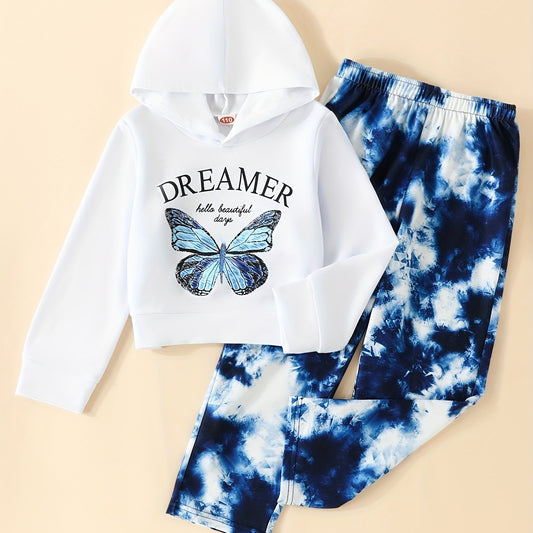 Girl's Butterfly Pattern 2pcs Hoodie & Pants Set DREAMER Print Top Casual Outfit