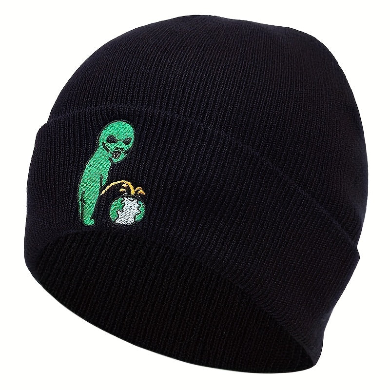 Alien Earth Embroidery Beanie Elastic Knit Hat Unisex Skull Cap