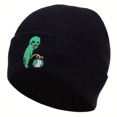 Alien Earth Embroidery Beanie Elastic Knit Hat Unisex Skull Cap