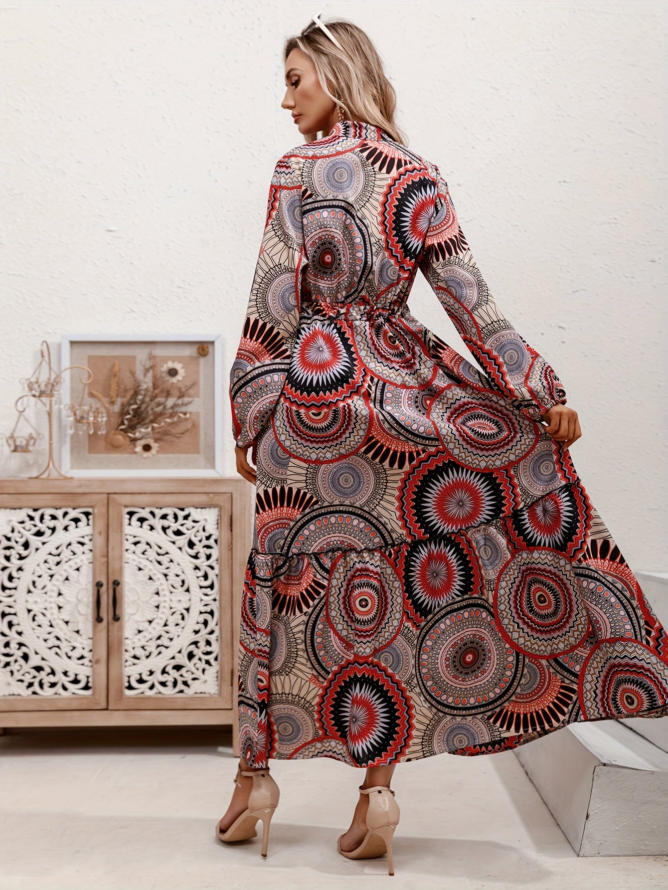 Boho Maxi Dress Women's Plus Graphic Print Long Sleeve V Neck