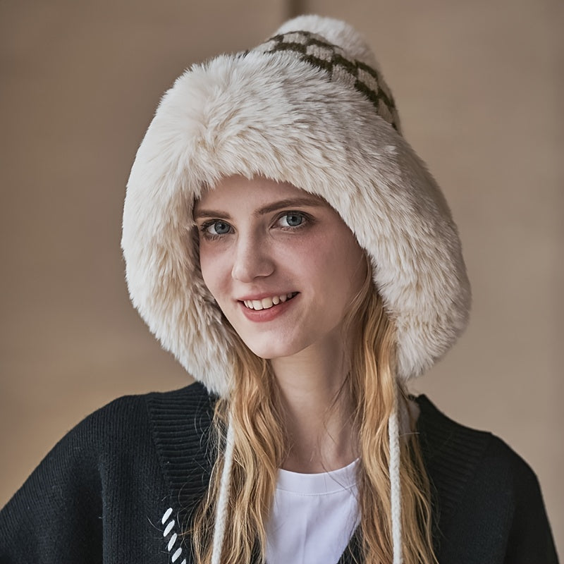 Fashionable Plaid Knit Plus Fur Ball Winter Hat