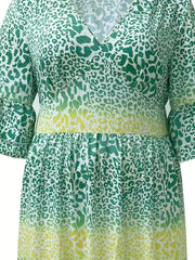  Colorblock Leopard Print Bell Sleeve V Neck Maxi Dress
