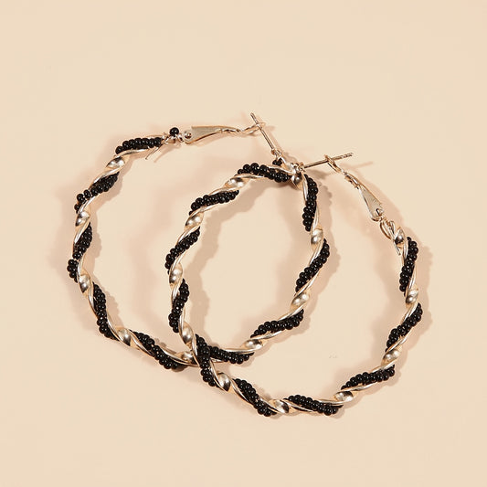 Boho Hoop Earrings With Beads Decor Stainless Steel Silver Plated Jewelry