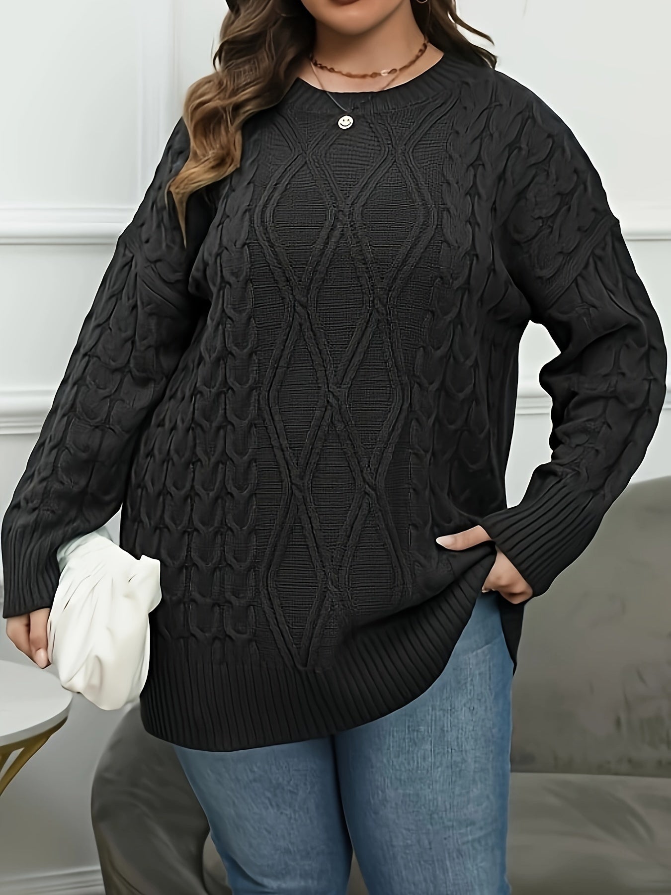  Casual Sweater Women's Solid Cable Long Sleeve Round Neck Jumper