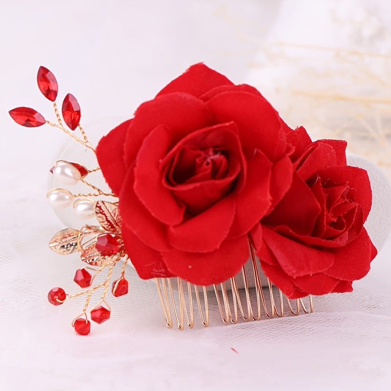 Red Rose Flower Hair Combs Bridal Headpiece Hair Accessories