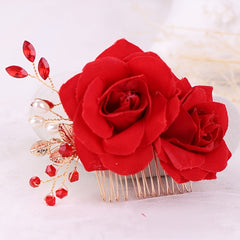 Red Rose Flower Hair Combs Bridal Headpiece Hair Accessories