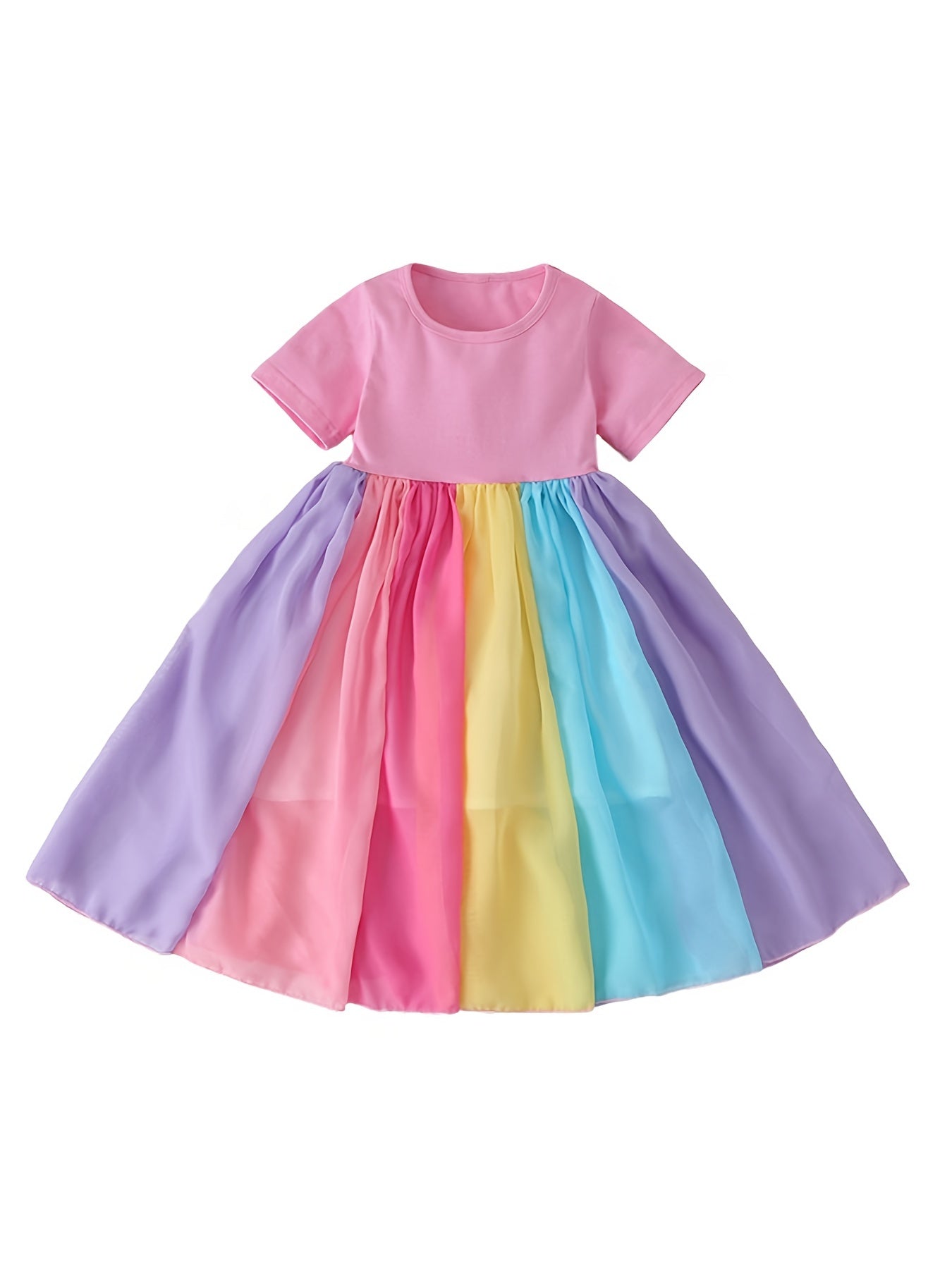 Girls Rainbow Splicing Cotton Dress Kids Summer Clothes