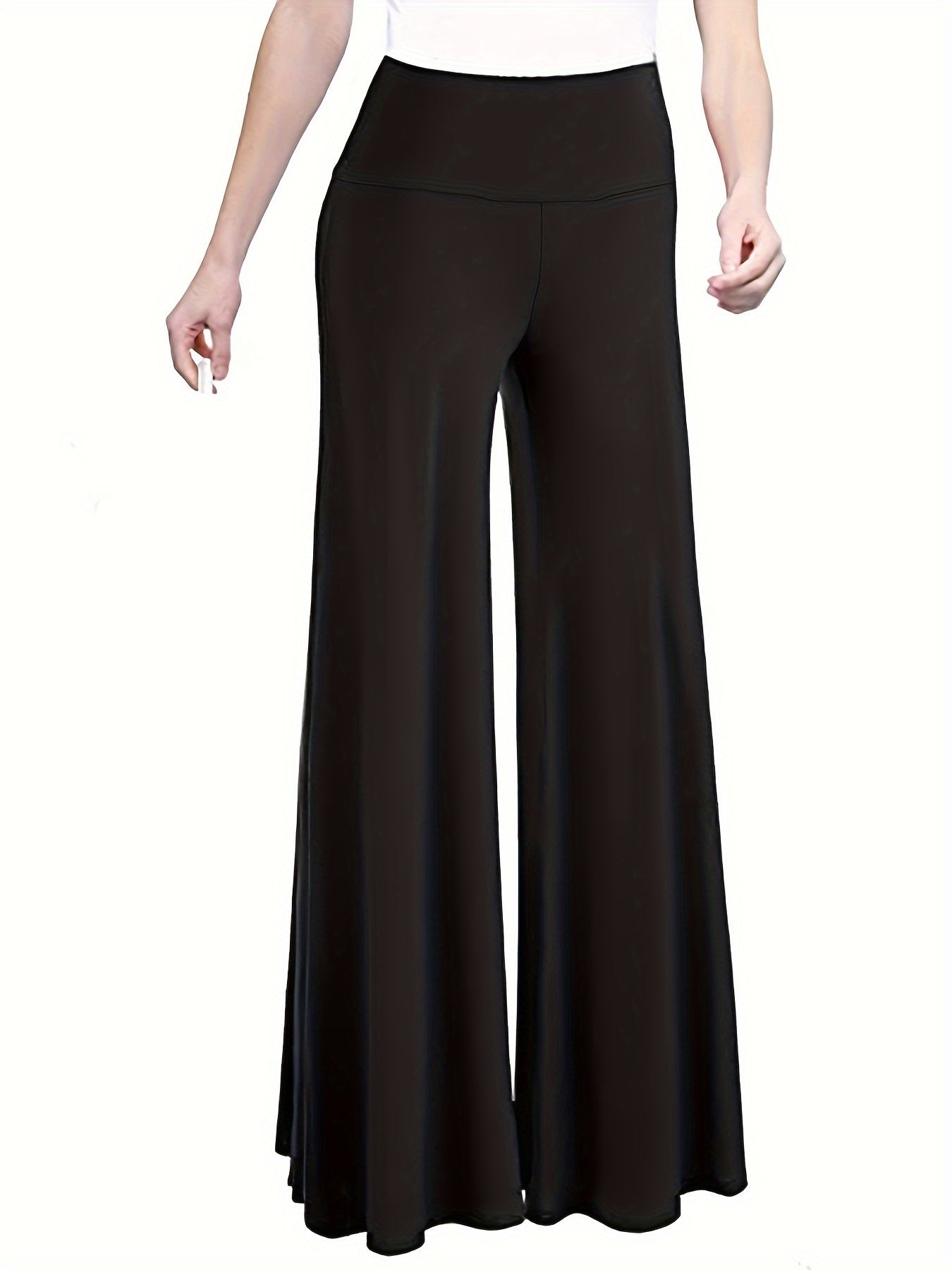  Solid Wide Band Waist High Rise Wide Leg Pants