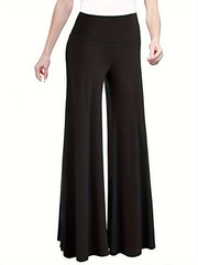  Solid Wide Band Waist High Rise Wide Leg Pants