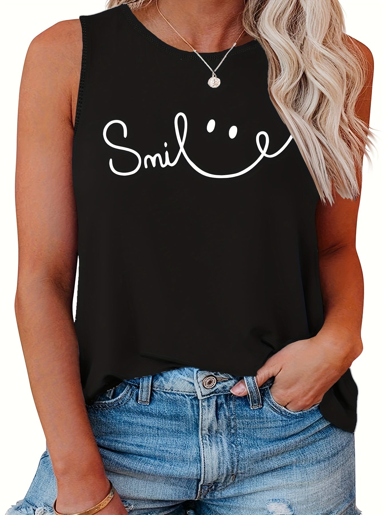  Smiling Face Print Tank Top - Round Neck Stretchy Casual Shirt