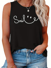  Smiling Face Print Tank Top - Round Neck Stretchy Casual Shirt