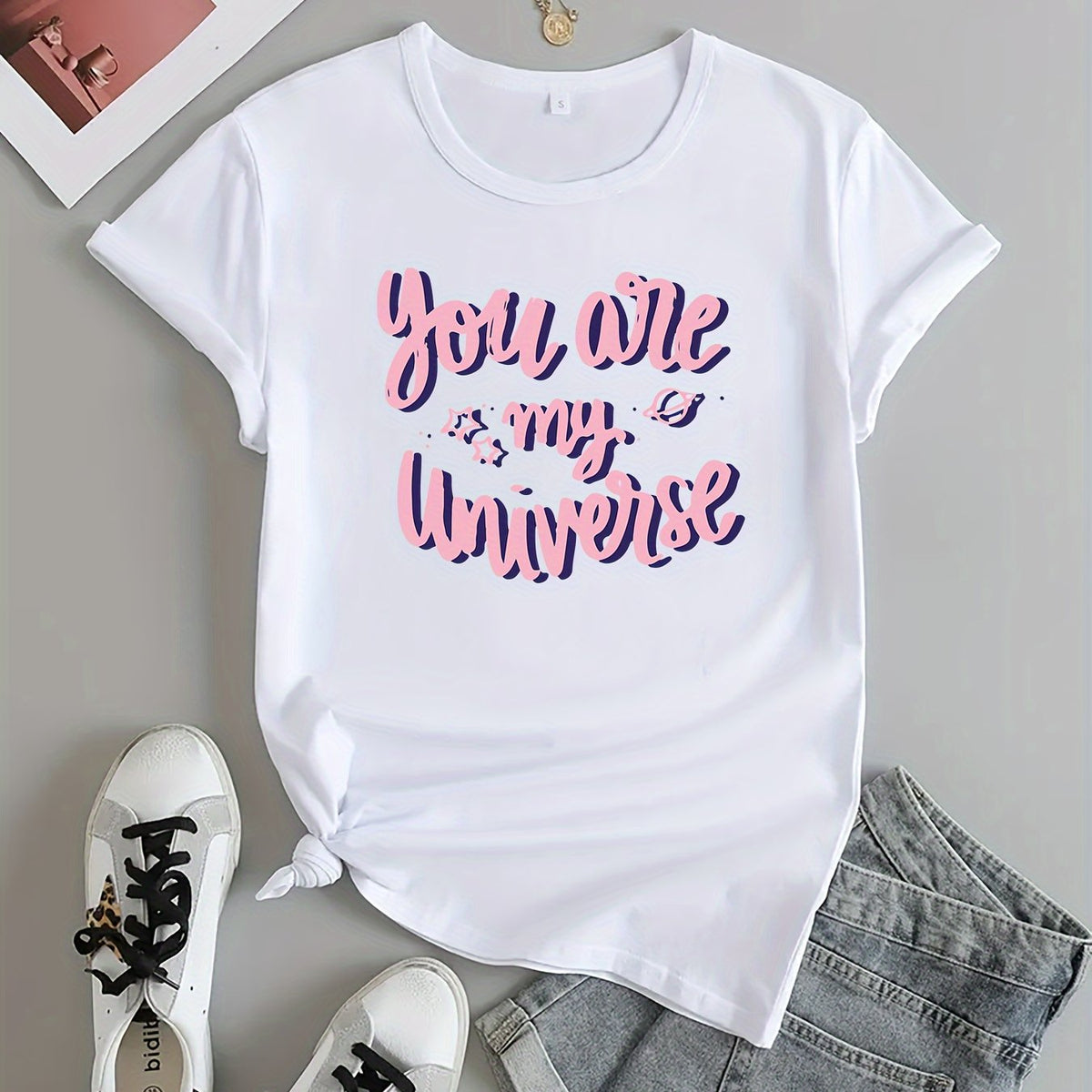 Letter Graphic Sports T-shirt Round Neck Short Sleeves for Women