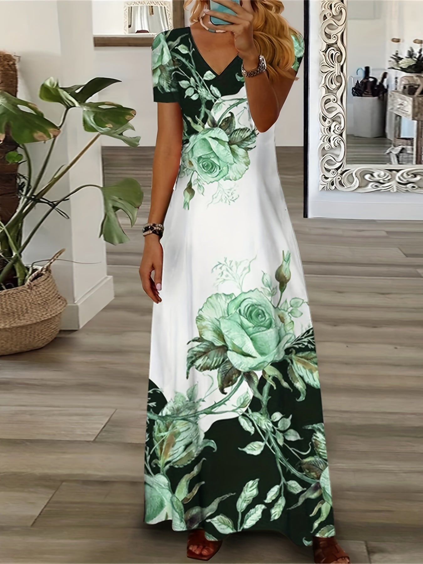  Floral Print V Neck Maxi Dress