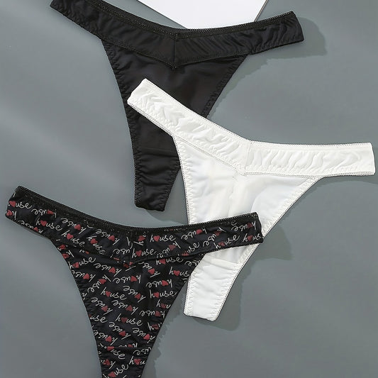 3 Pack Plus Size Sexy Panties Set Women's Plus Solid & Letter Print Thongs