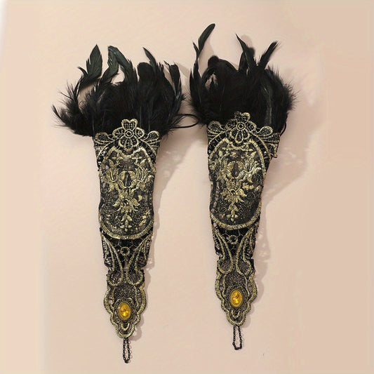 Feather Decor Vintage Gloves Lace Embroidery Gothic Fingerless Gloves
