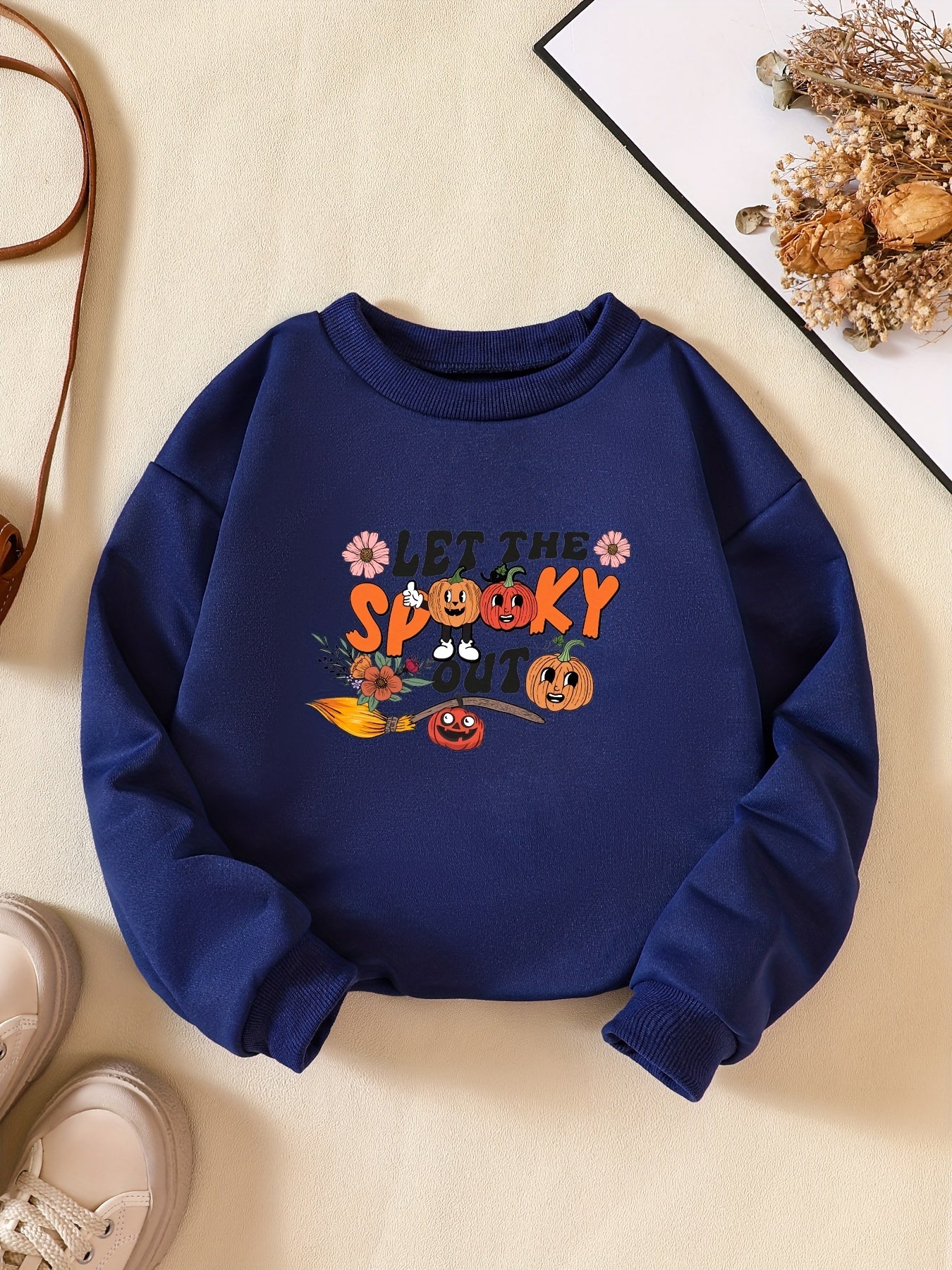 Girls' Pumpkin & Flowers Print Crew Neck Sweatshirt Long Sleeve Pullovers