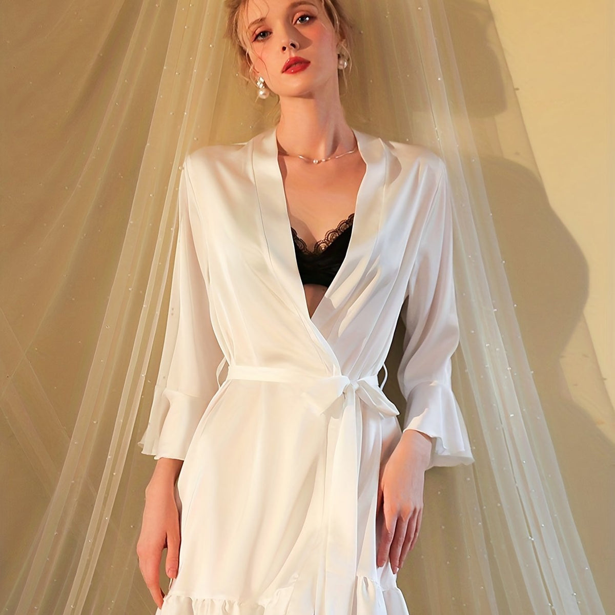 Women's Satin Ruffle Night Robe Long Sleeve V Neck Robe