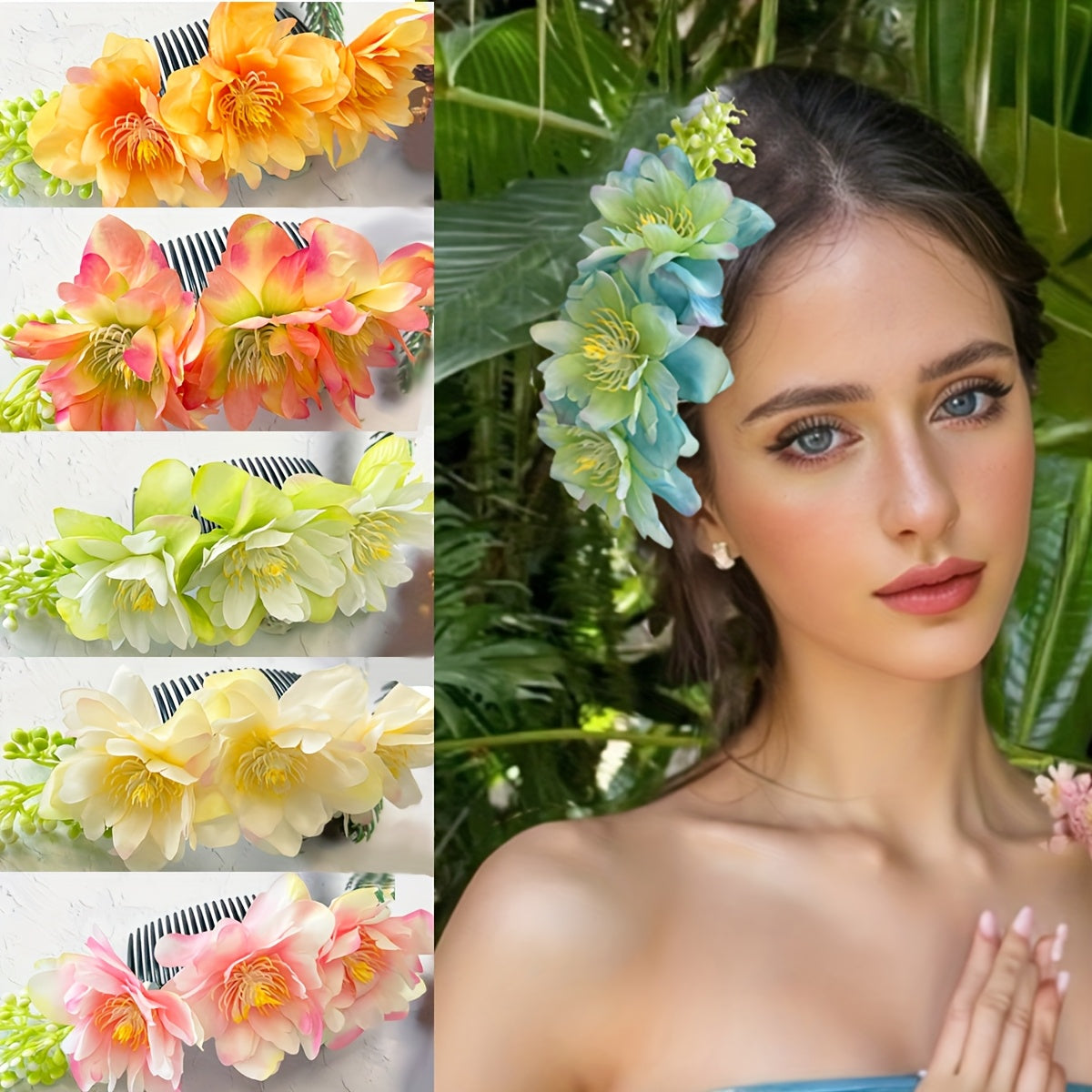 Ethnic Fabric Flower Hair Comb Bohemian Style Rose & Butterfly Headpiece